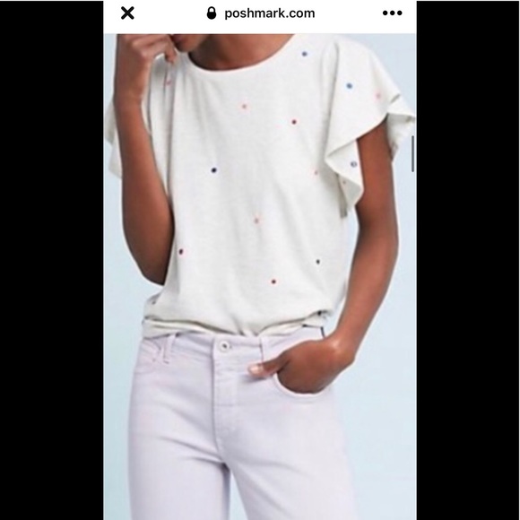 Anthropologie Flutter Sleeve Tee with multi colored embroidered Swiss Dots. - Picture 2 of 15